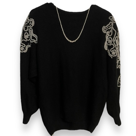 Gladys Bagley Sweaters - Women's Vintage Black Sweater with Pearl Embellishments & Pearl Necklace Size L